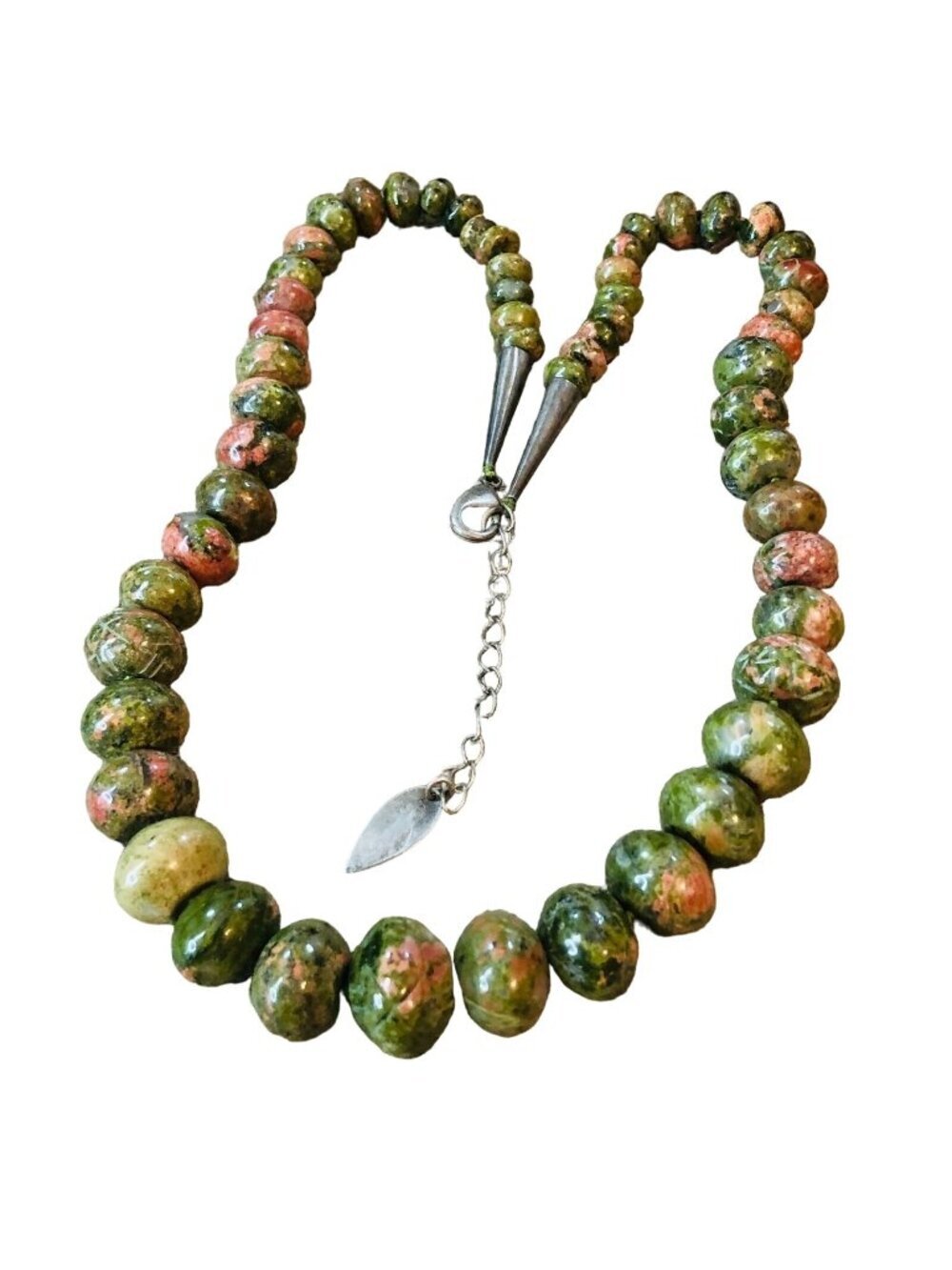 Sterling Silver Womens Necklace Unakite Pink Green Gemstone Bead 18-20" 99 Grams